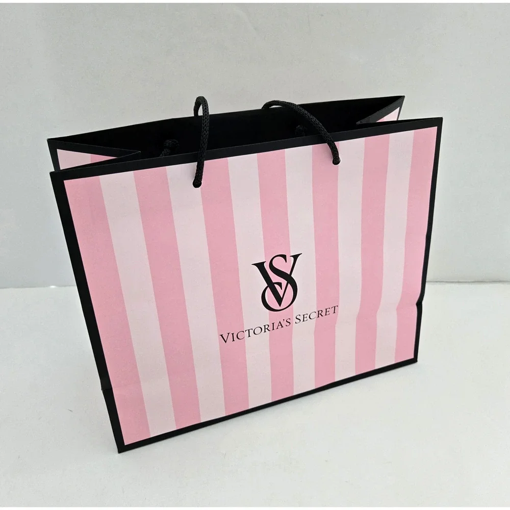 Victorias Secret Paper Shopping Gift Bag With Tissue Pink Black Glossy 11
